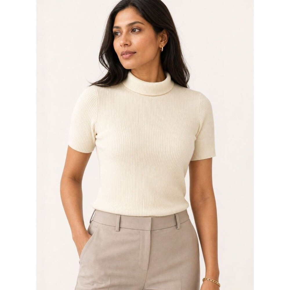 Vintage Studio Works Petite Cream Ribbed Mock-Neck Sweater Top PM